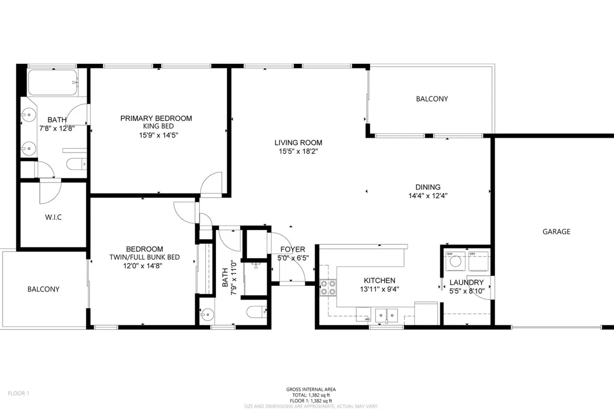 A spacious, open-plan interior that includes the primary bedroom, living room, kitchen, and a balcony. The space is filled with natural light, modern furnishings, and offers areas for relaxing, entertaining, and cooking.